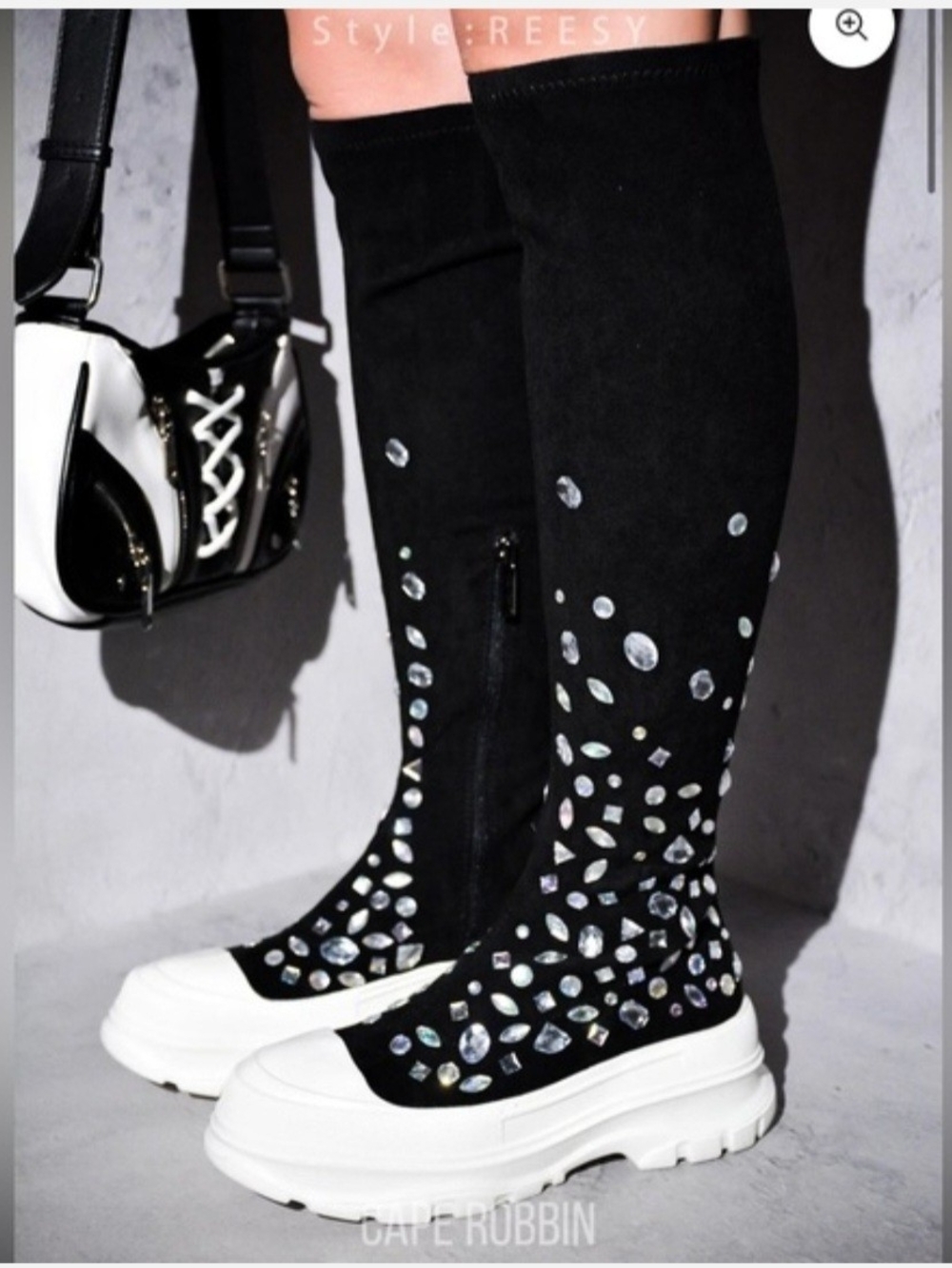 Cape Robbin Black Knee-High Rhinestone Platform Boots